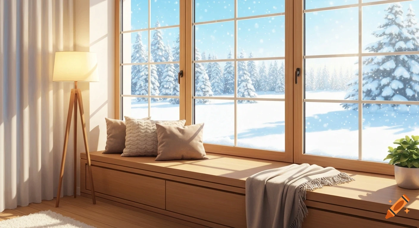 A cozy window seat with pillows and a blanket, facing a snowy winter landscape through a large window, with a floor lamp nearby.