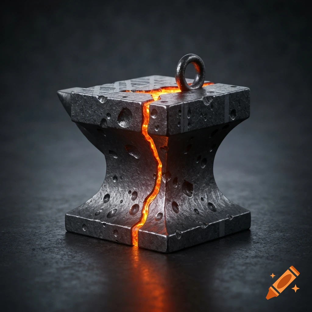 A close-up of a dark, textured anvil pendant with a glowing orange crack running through its center and a small ring on top.