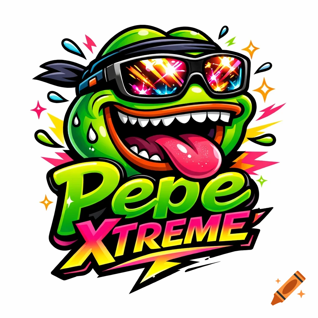 Vibrant cartoon logo featuring Pepe the frog in sunglasses with 'Pepe XTREME' text below, on a white background.