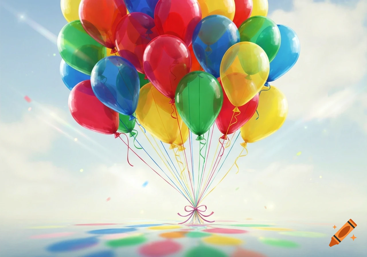 A large bunch of colorful balloons in red, yellow, green, and blue, tied together, against a bright sky with light rays and confetti, with colorful reflections on a patterned ground.