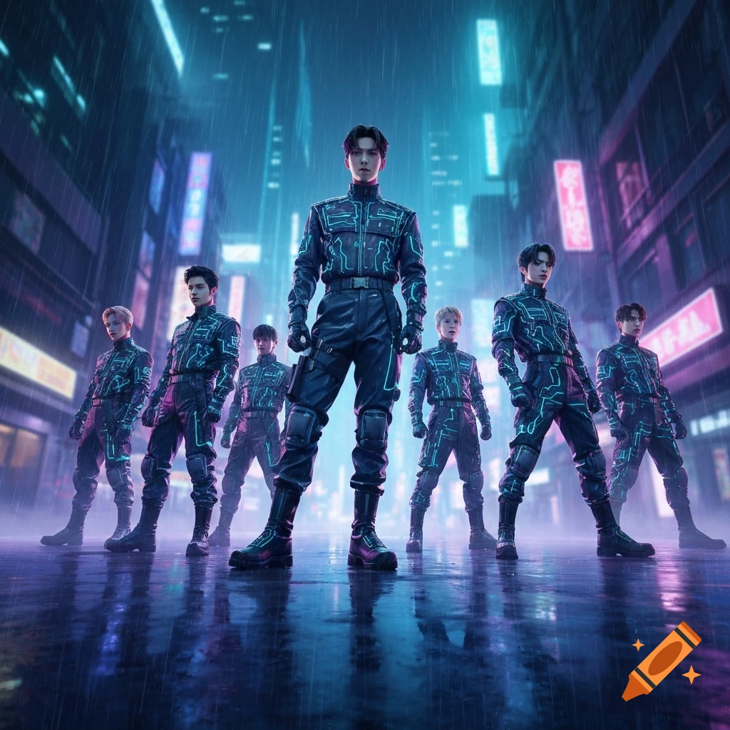 A group of K-pop men in futuristic, glowing black outfits stand in a rainy, neon-lit cyberpunk city street at night.