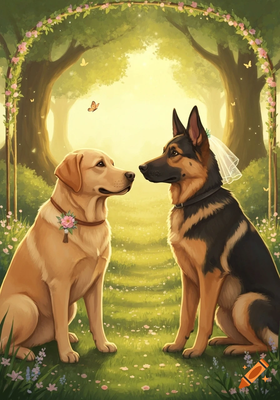 Illustrated image of a Labrador and German Shepherd dog, dressed for a wedding, looking at each other under a floral arch in an enchanted forest.