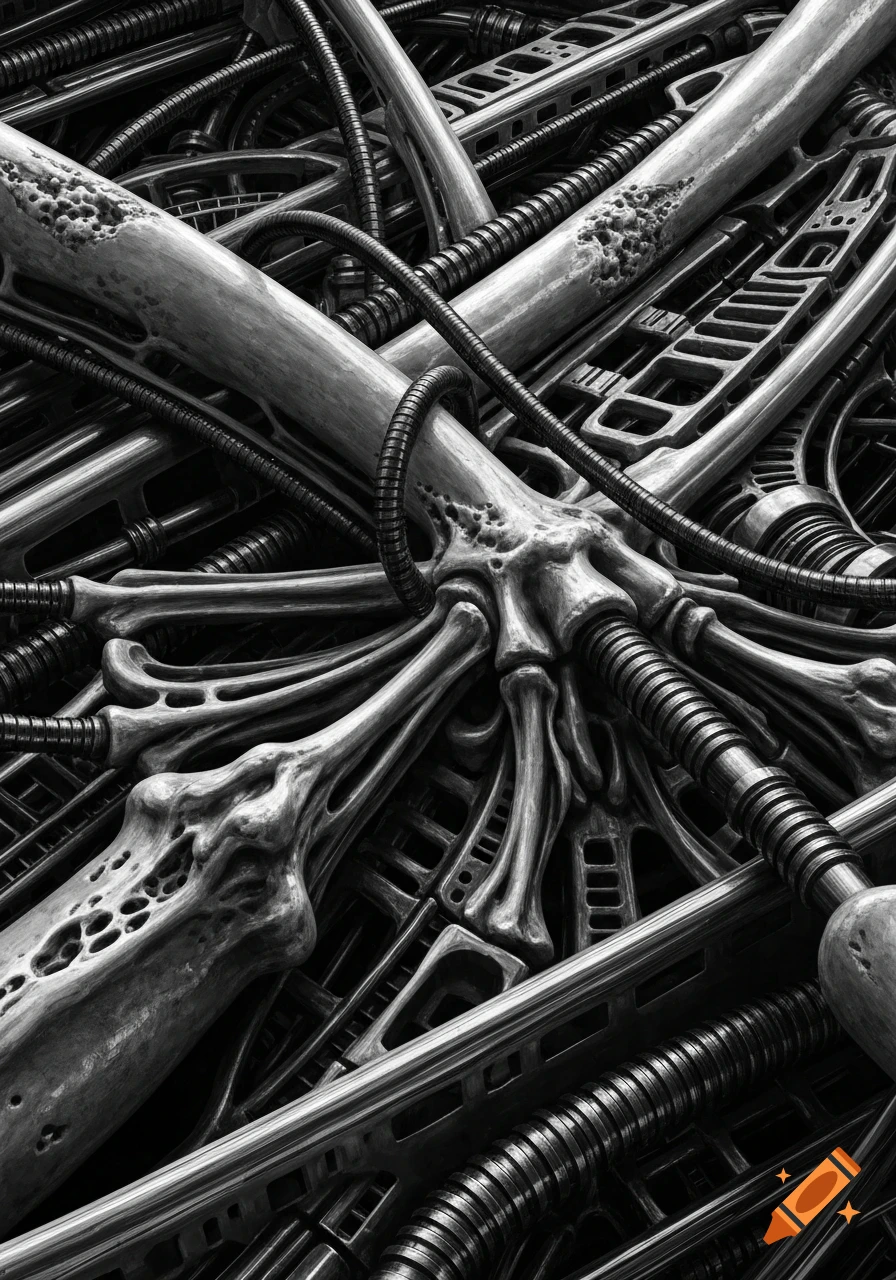 Intricate monochromatic biomechanical abstract design with alien skeletal and machine structures, H.R. Giger style.