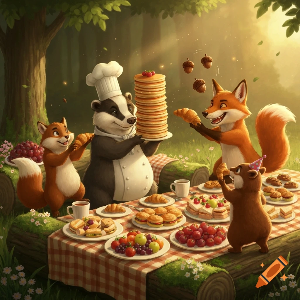 Cartoon animals, including a badger chef, foxes, and a beaver, enjoy a lavish picnic with pancakes and pastries in a sunlit forest.