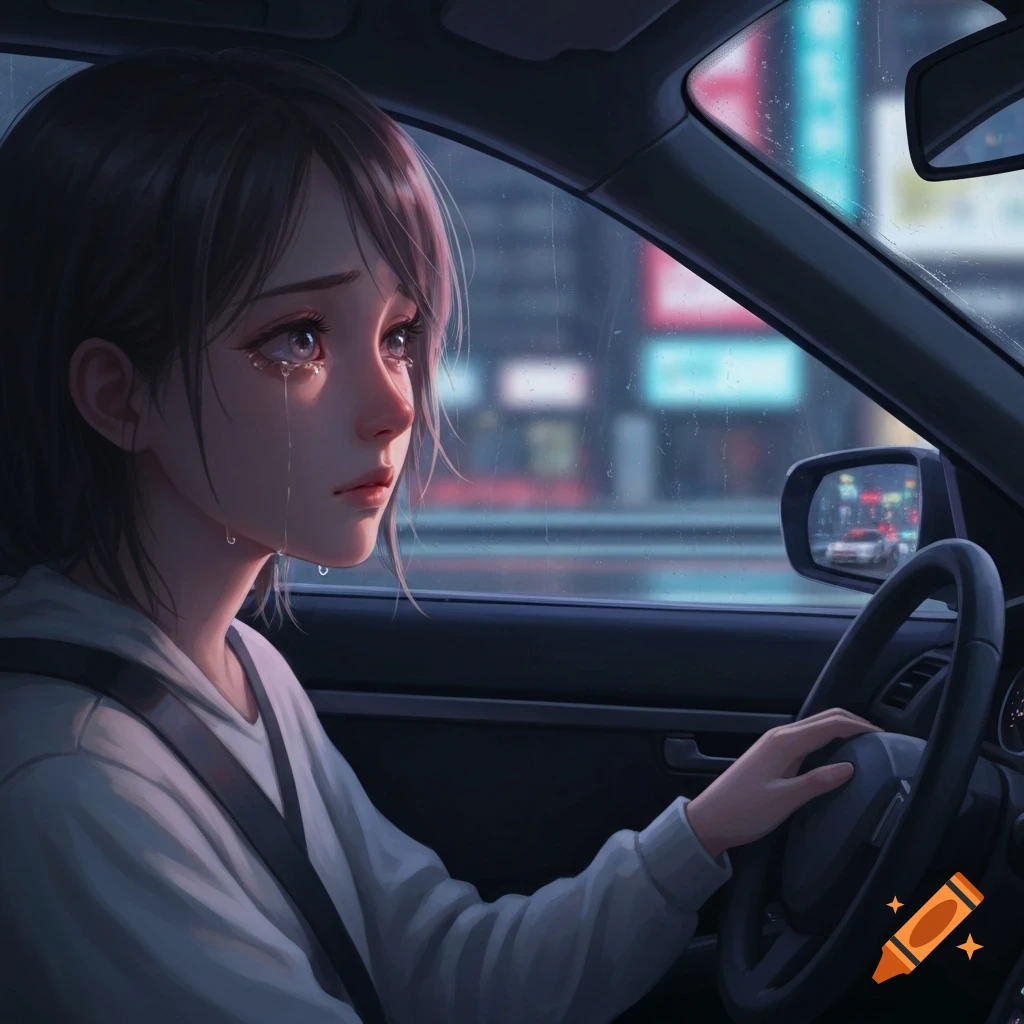 Sad anime girl crying in a car at night, raindrops visible on the window.