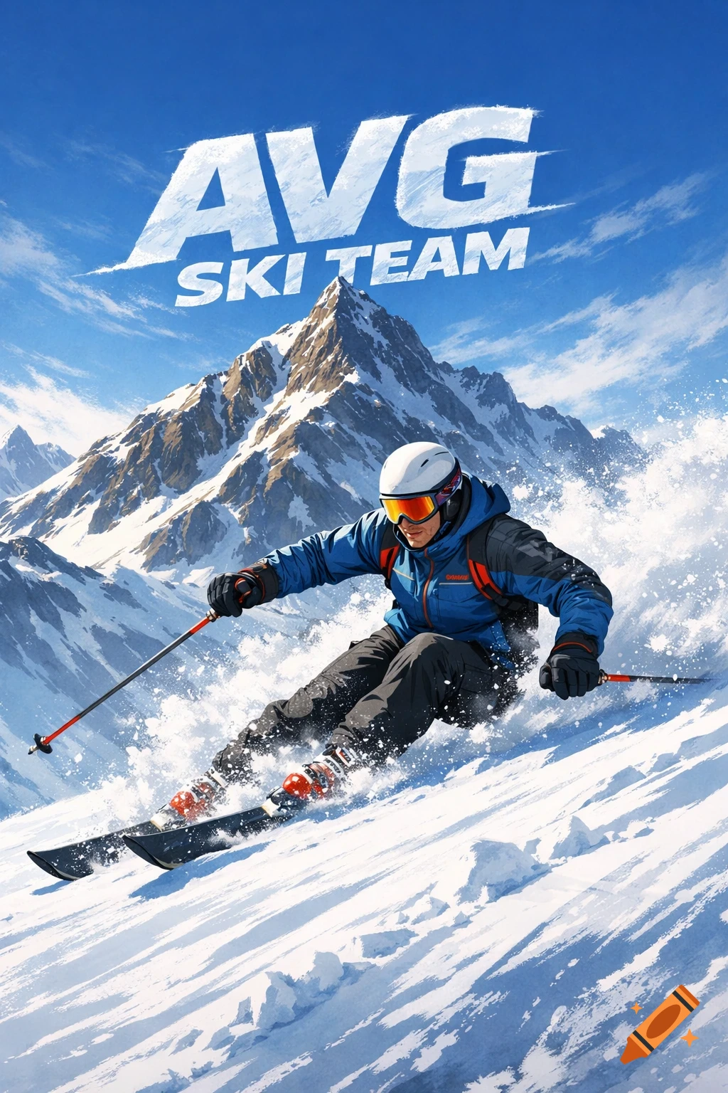 Dynamic skier in blue jacket and white helmet carves down a snowy mountain with "AVG SKI TEAM" text in the bright blue sky.