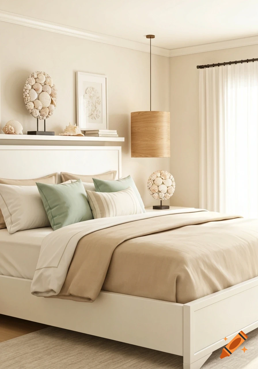 Modern California coastal bedroom with a white bed, beige and mint green bedding, wooden pendant light, and seashell decor.
