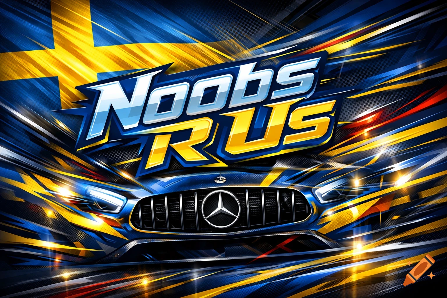 Stylized Mercedes GT3 racing car front with a Swedish flag background, speed lines, and 'Noobs R US' text.