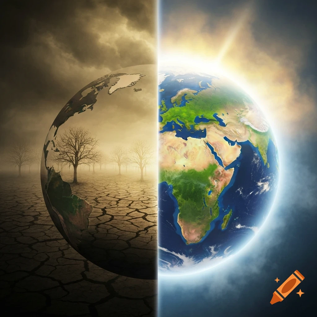Planet Earth split in half: one side lush and vibrant, the other dry, cracked, and desolate with bare trees under dark clouds.