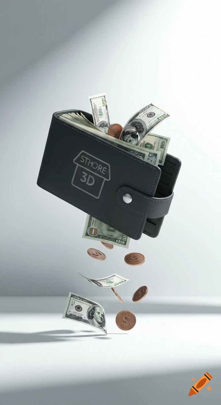A photorealistic 3D render of a black wallet with a house icon and the text "STHORE 3D" engraved. Money, including dollar bills and coins, spills out of the wallet and floats mid-air against a bright, minimalist gray and white background.