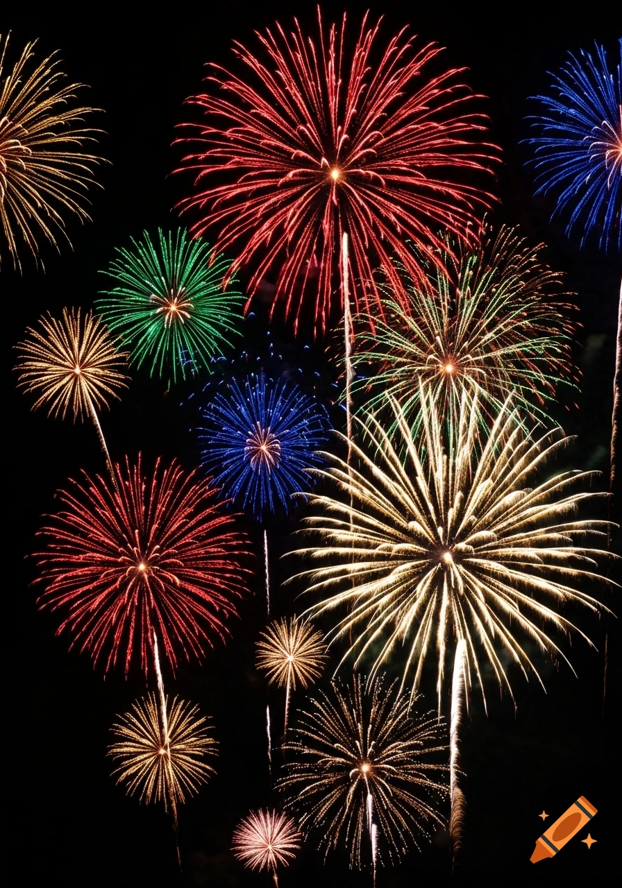Multiple colorful fireworks exploding against a dark night sky.
