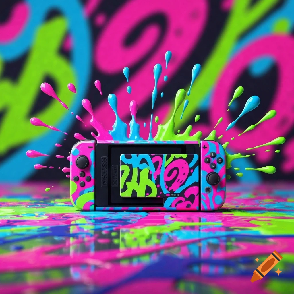 A vibrant Nintendo Switch console splattered with neon pink, blue, and green paint, resembling Splatoon ink, reflecting on a wet surface.