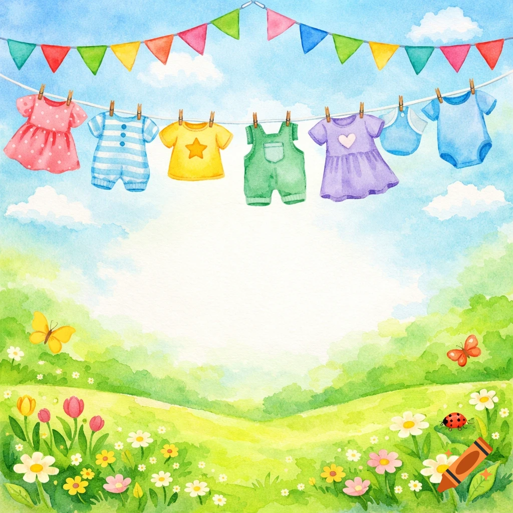 Watercolor illustration of colorful children's clothes hanging on a clothesline above a vibrant spring field with flowers and butterflies.
