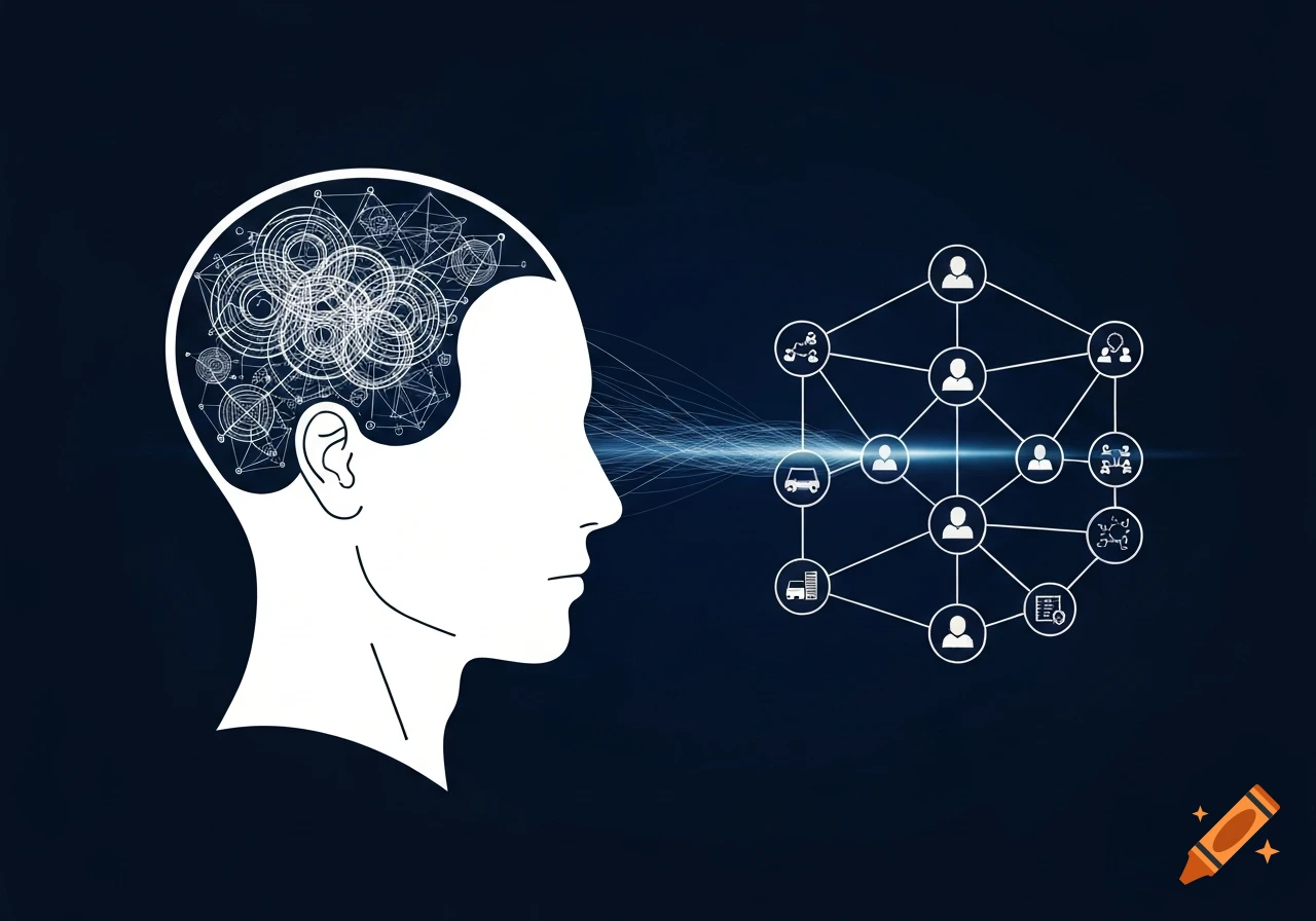 An iconic white silhouette of a human head with complex patterns in the brain, connected by light rays to a network diagram of people and vehicle icons on a dark blue background.