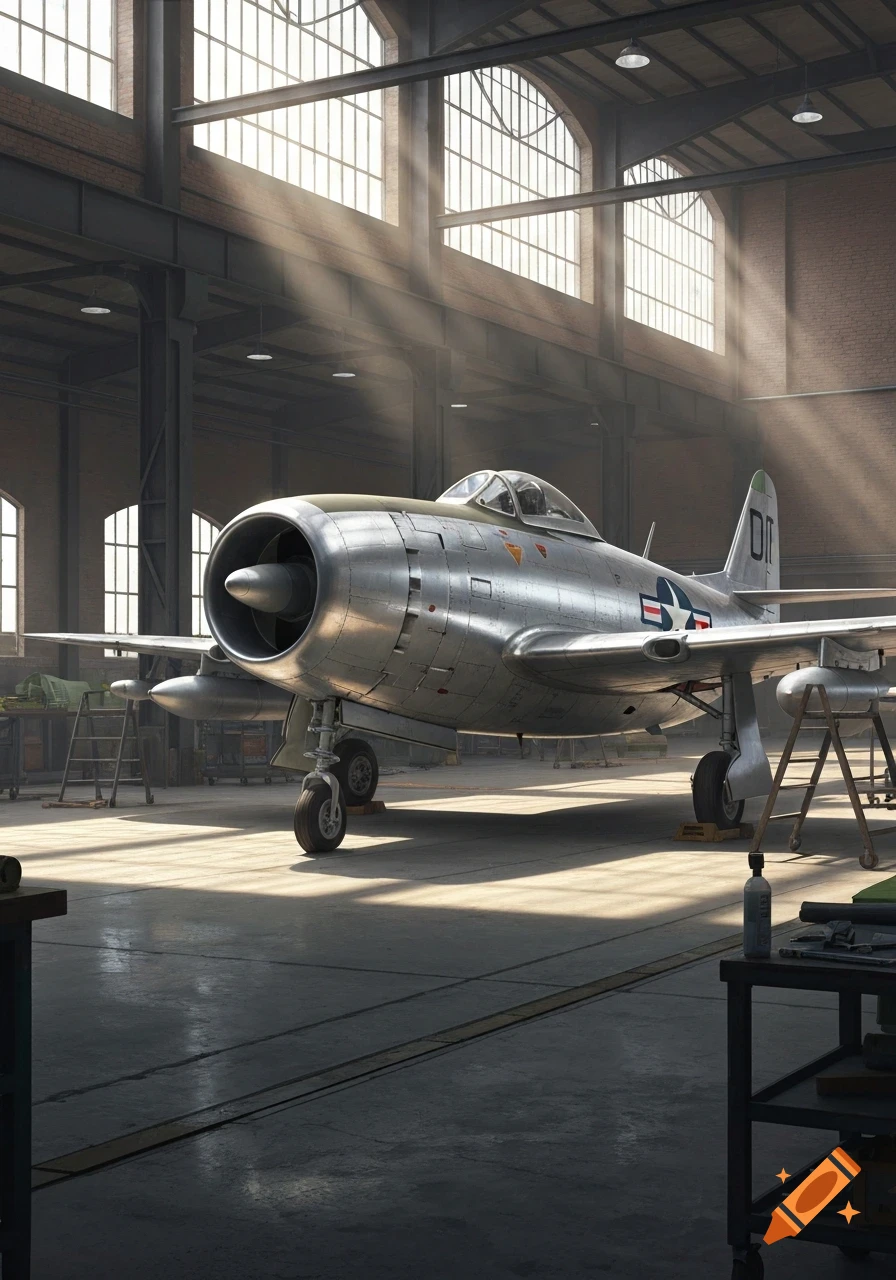 Photorealistic image of a shiny silver fighter jet parked inside a sunlit factory hangar with large arched windows.