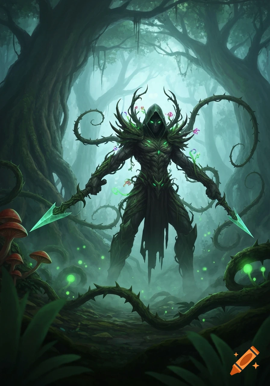 A towering, hooded plant creature with glowing green eyes and blades ...