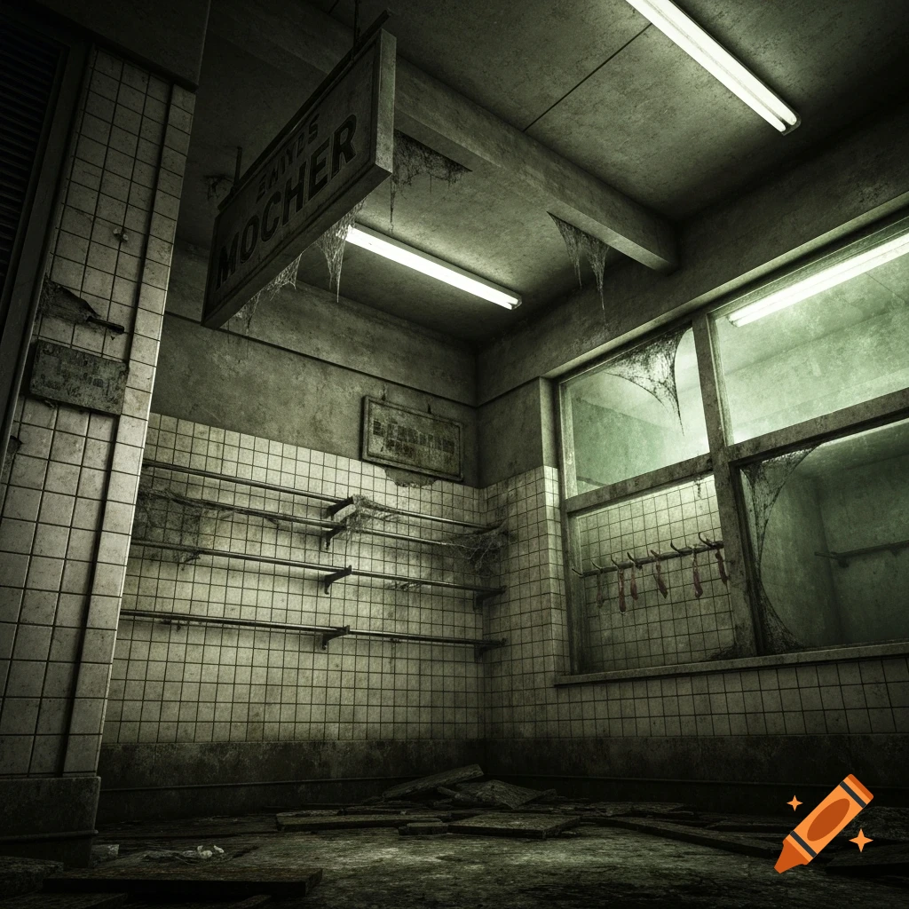 A dirty, abandoned butcher shop with grimy tiled walls, broken windows, spiderwebs, and hanging meat hooks, lit by fluorescent lights.