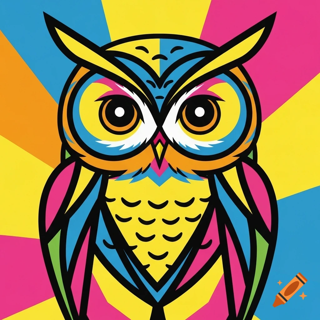 A vibrant pop art illustration of an owl with colorful geometric patterns in yellow, blue, pink, and orange.