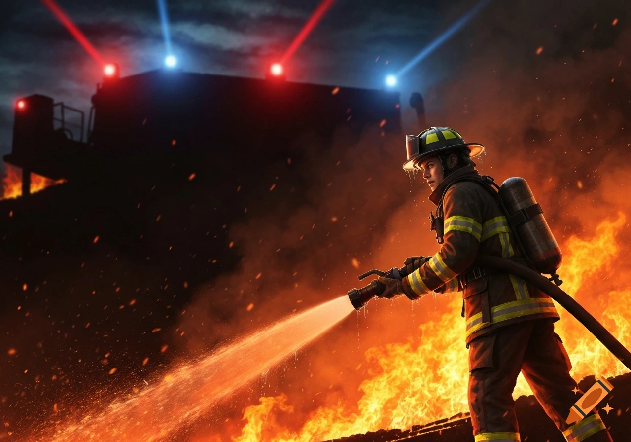 A heroic firefighter battling a massive blaze at night, spraying water from a hose with a fire truck silhouetted in background. Dramatic, photorealistic.