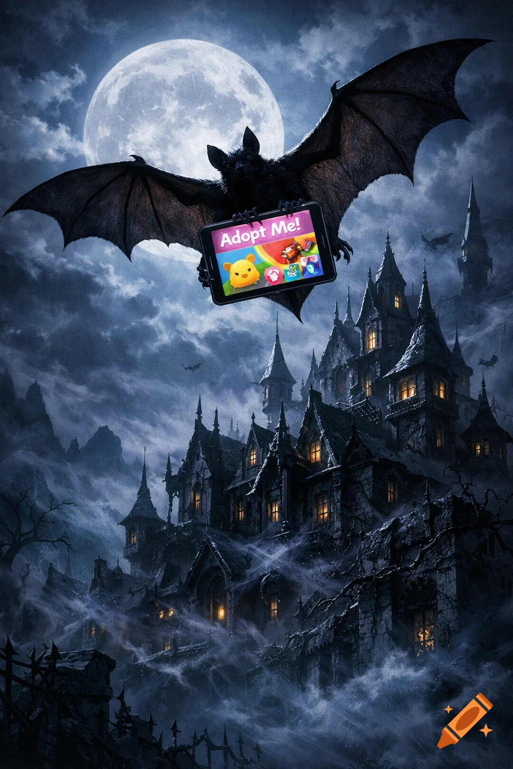 A large bat flies over a gothic castle under a full moon, holding a tablet displaying 'Adopt Me!' game.