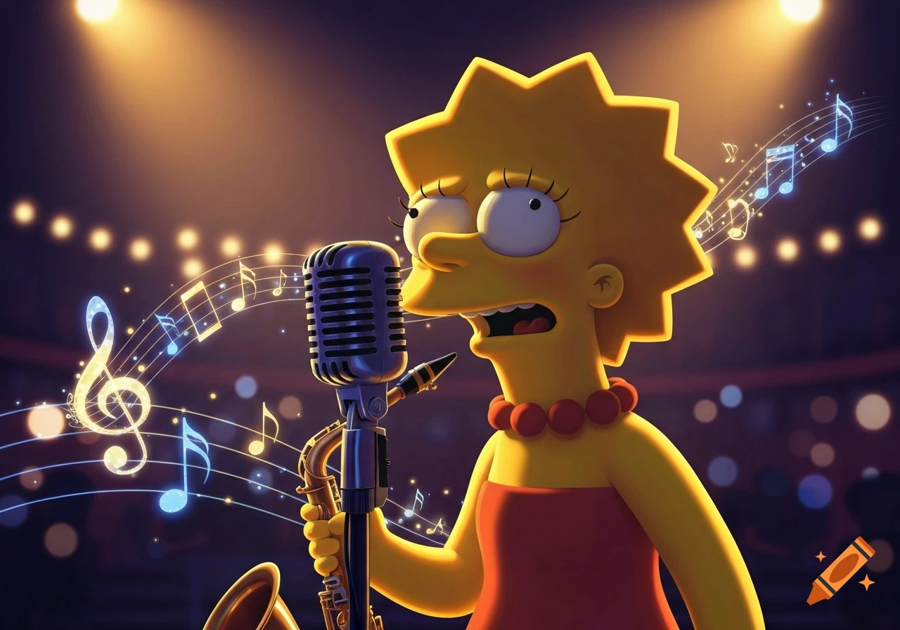 Lisa Simpson performing jazz with a saxophone and microphone on a brightly lit stage, surrounded by musical notes.