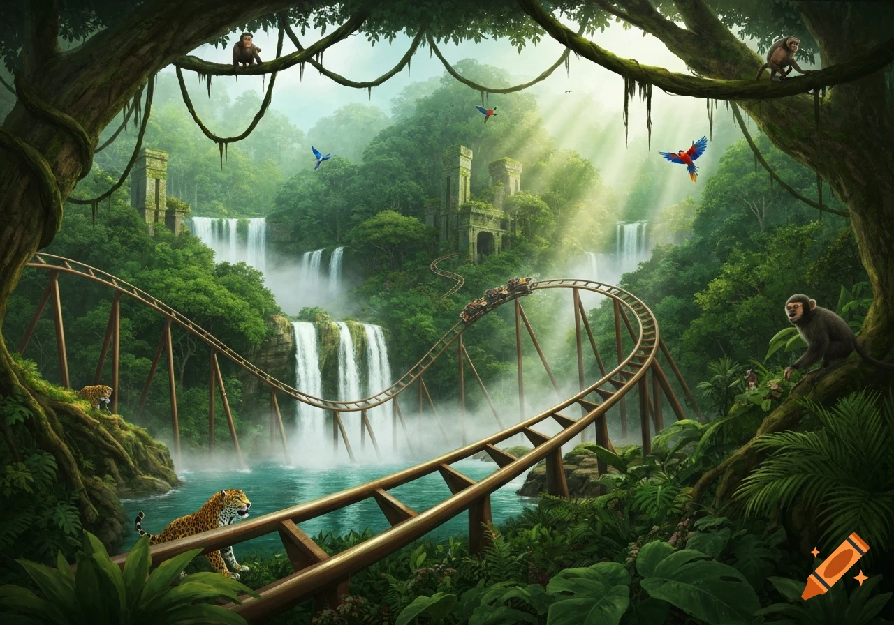 Vibrant fantasy jungle with a wooden rollercoaster, waterfalls, ancient ruins, monkeys, and jaguars, bathed in sunlight.