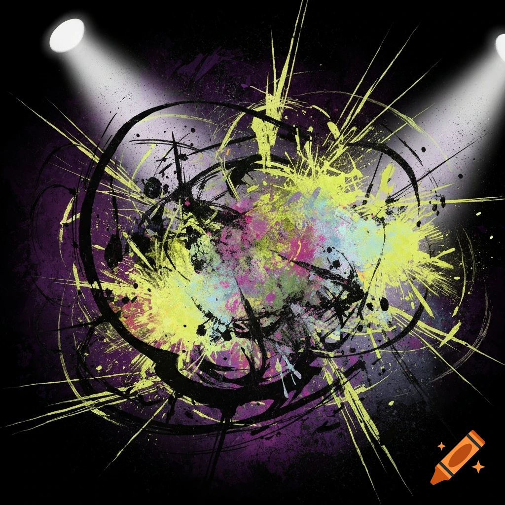 Abstract art with neon yellow and pink paint splatters, black strokes, and two spotlights on a dark, textured purple and black background.