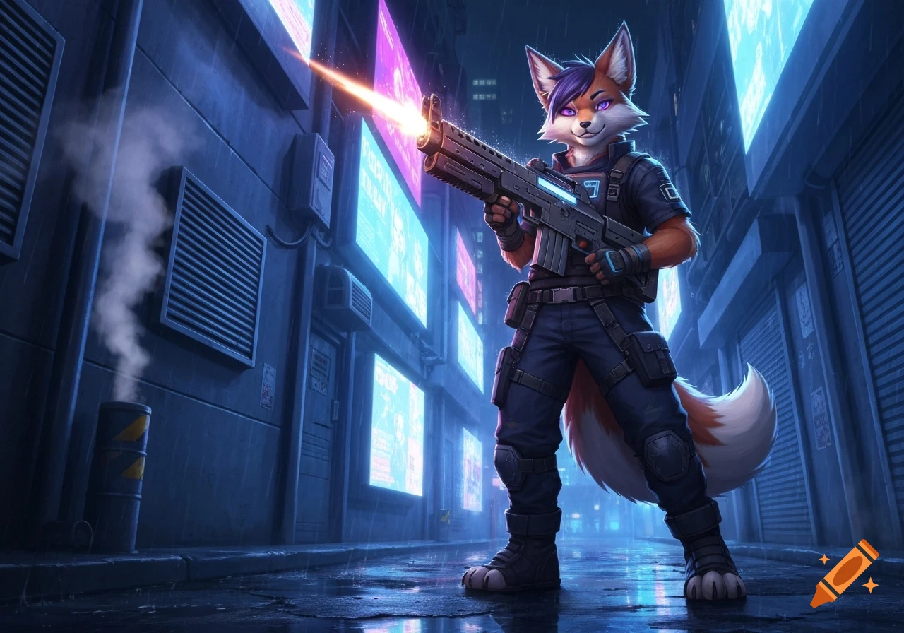 Anthropomorphic fox in tactical gear holding a futuristic rifle, firing a laser in a rainy cyberpunk alley with neon signs.