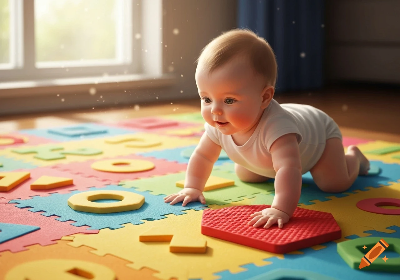A cute baby wearing a white onesie crawls on a colorful foam playmat with various shapes in a sunlit room.