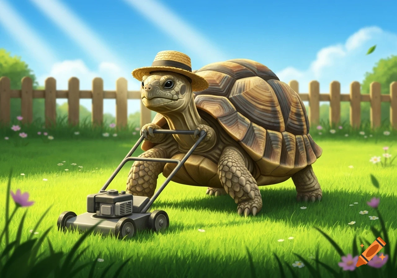 A whimsical cartoon turtle in a straw hat pushes a lawnmower across a bright green lawn under a sunny blue sky.