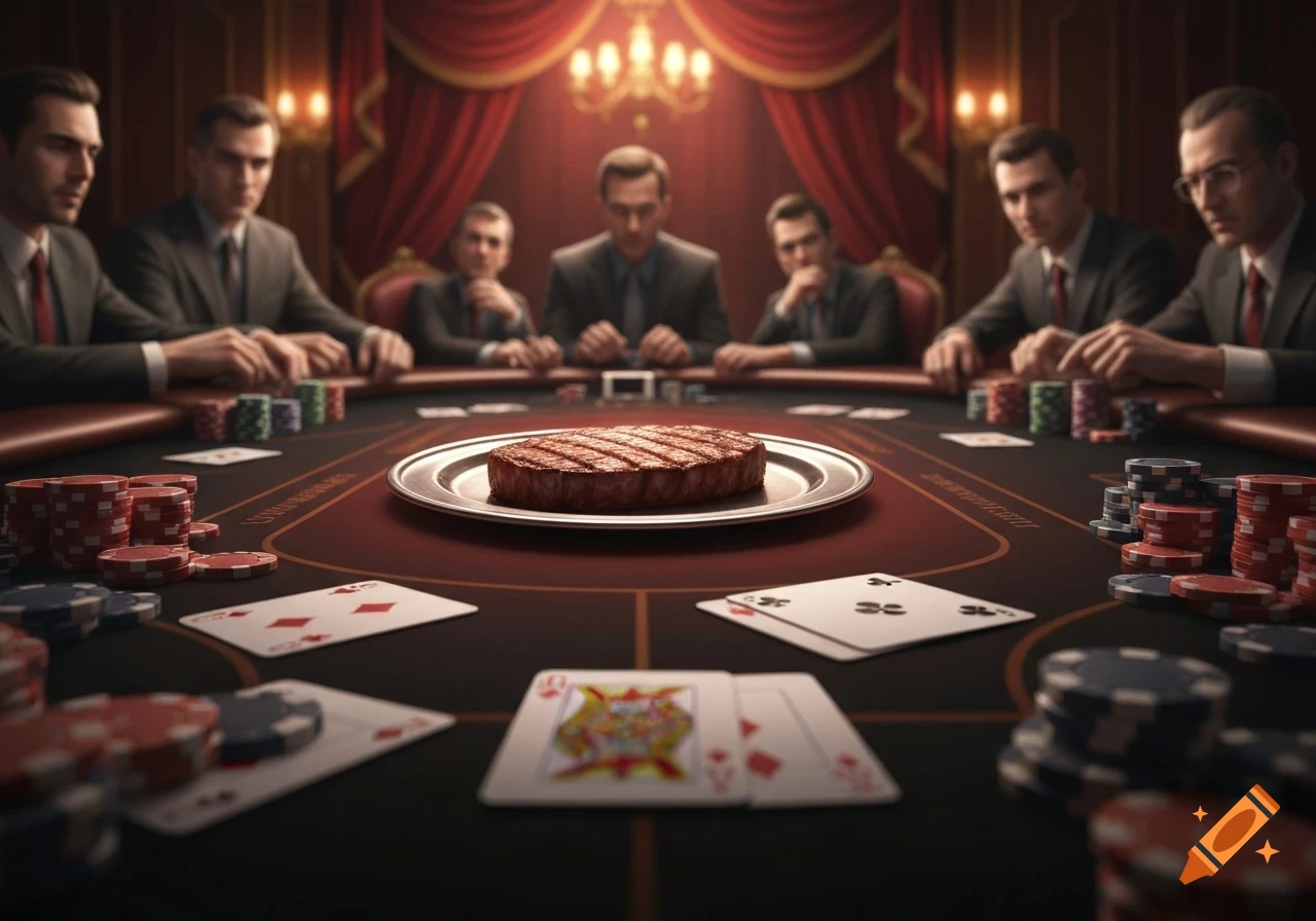 Photorealistic image of men in suits playing poker with chips and cards around a table, featuring a grilled steak on a plate.