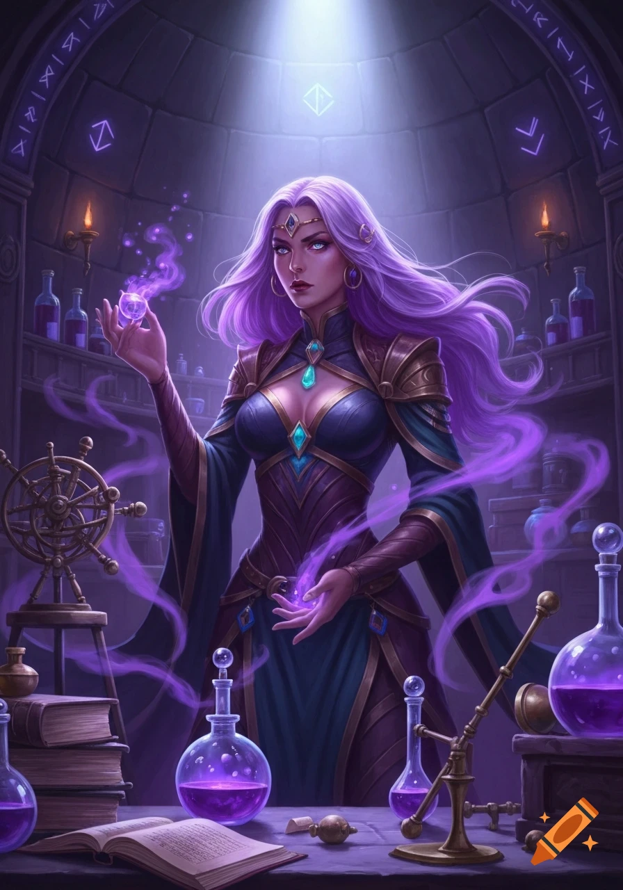 A purple-haired witch conjures purple magic in a dimly lit alchemy lab filled with potions, books, and arcane symbols, digital painting.