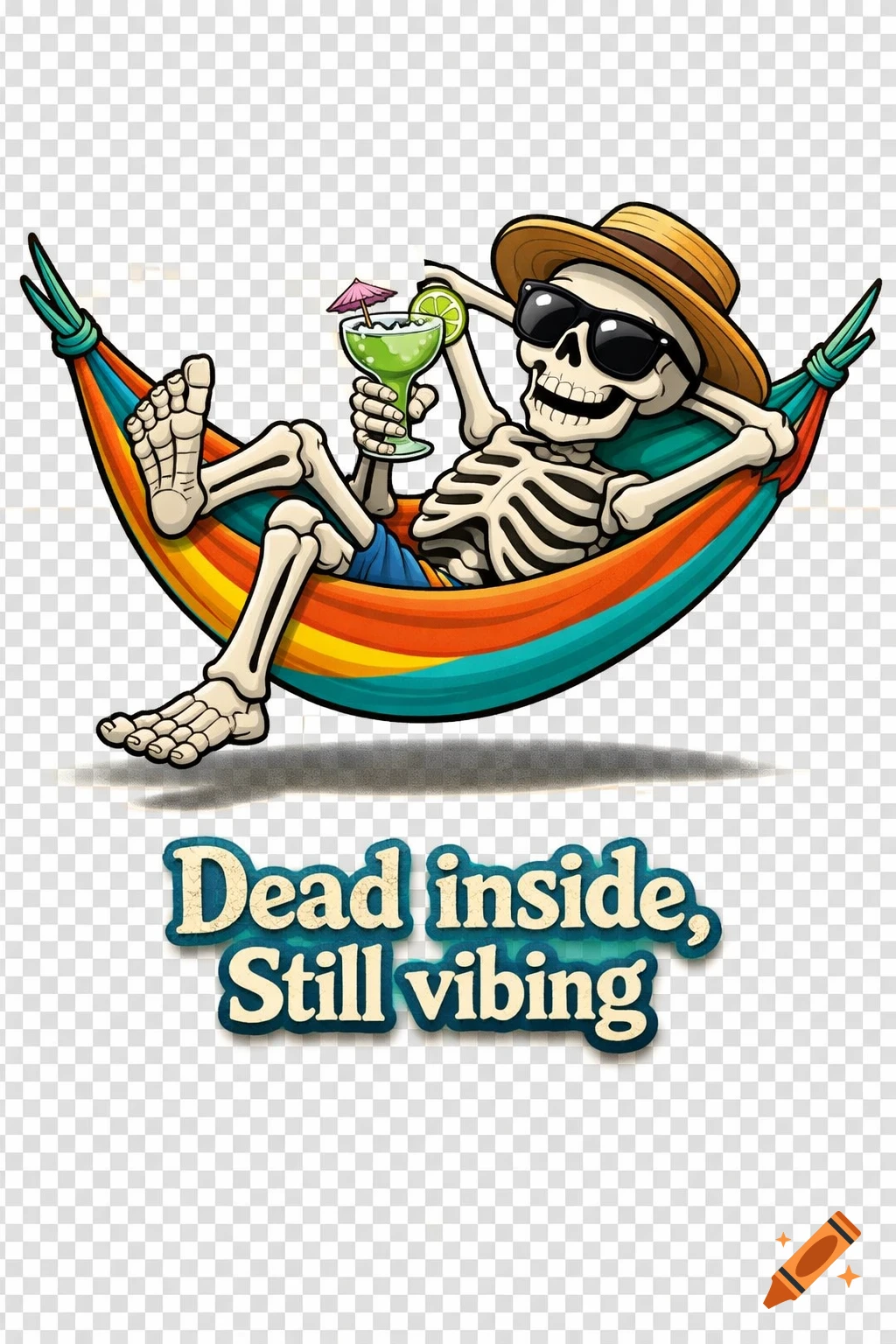 Cartoon skeleton in a hat and sunglasses relaxing in a colorful hammock with a cocktail, text reads 'Dead inside, Still vibing'.