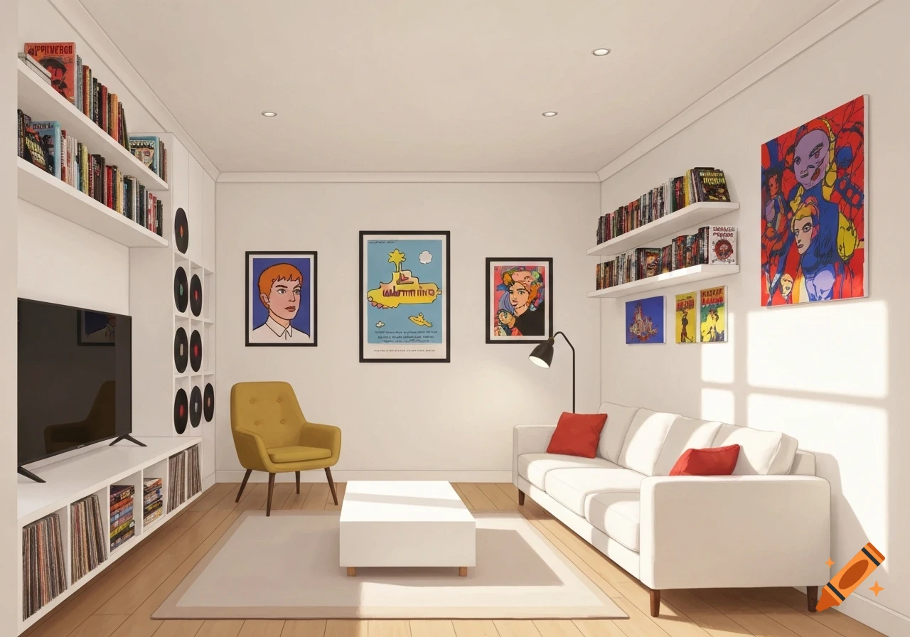 A modern and cozy living room with white walls, a white couch, a mustard armchair, a TV unit, shelves with books and records, and pop art posters.