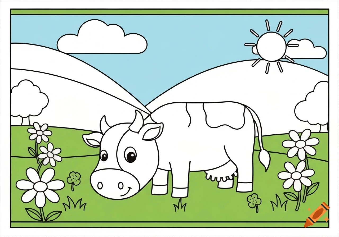 A cartoon coloring page featuring a happy cow in a green field with flowers, hills, a sun, and clouds.
