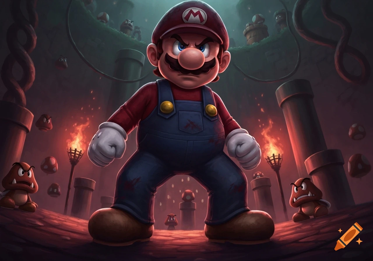 An angry, stylized Mario stands in a dark, fiery dungeon surrounded by angry Goombas and pipes, ready for battle.