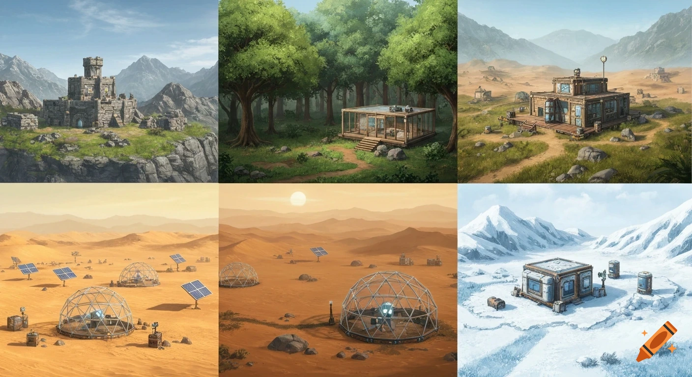 Six stylized video game base designs, each in a different biome: mountains, forest, desert, and snow, rendered in a video game art style.