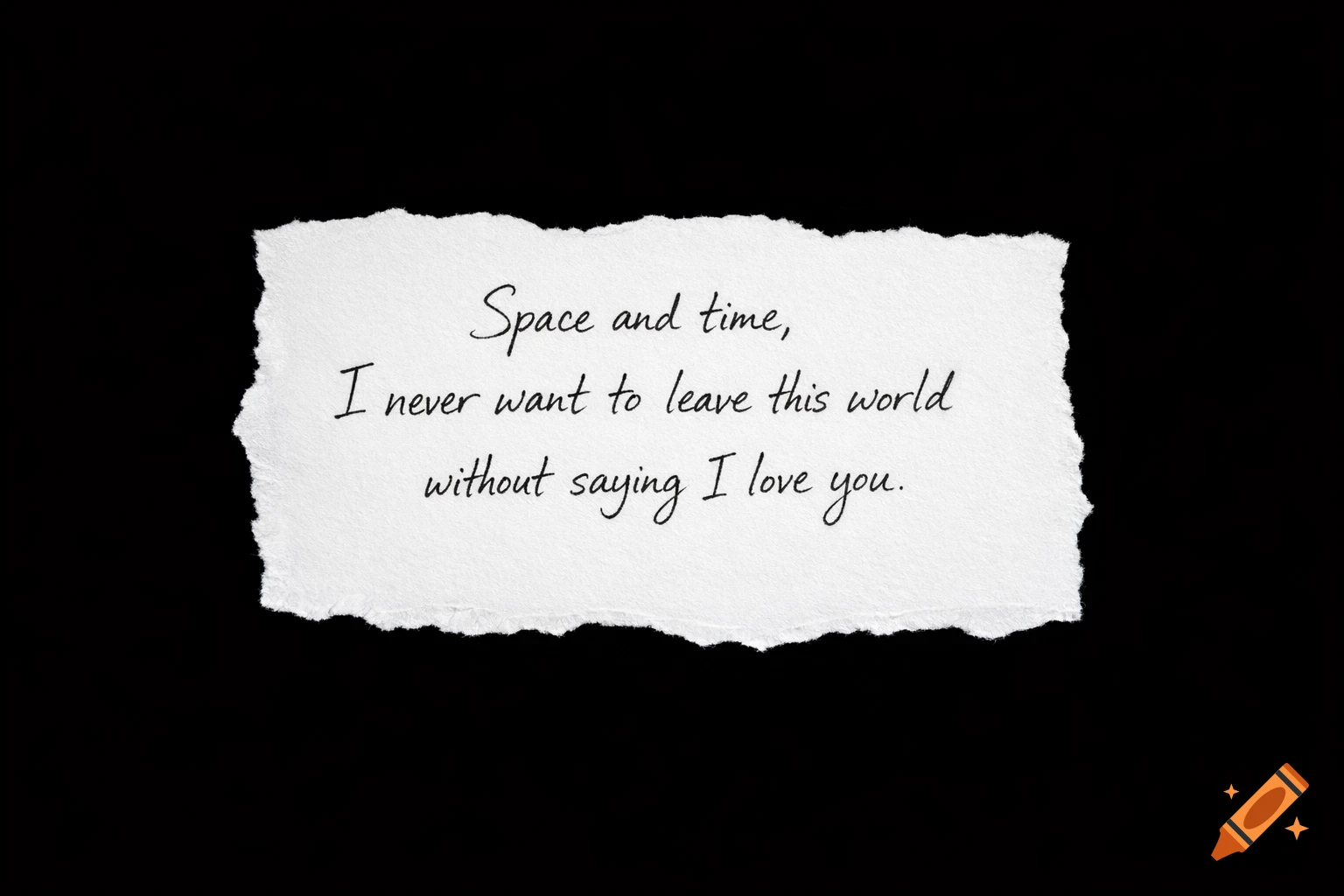 A ripped piece of white paper with a handwritten quote, "Space and time, I never want to leave this world without saying I love you," on a black background.