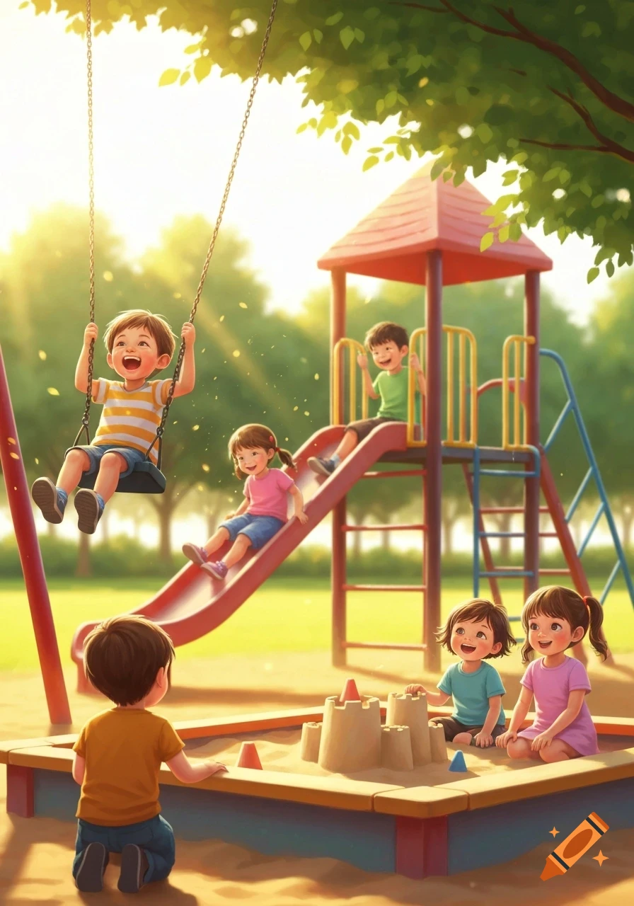 Happy children playing on a playground with swings, a slide, and a sandbox in a bright, illustrative style.