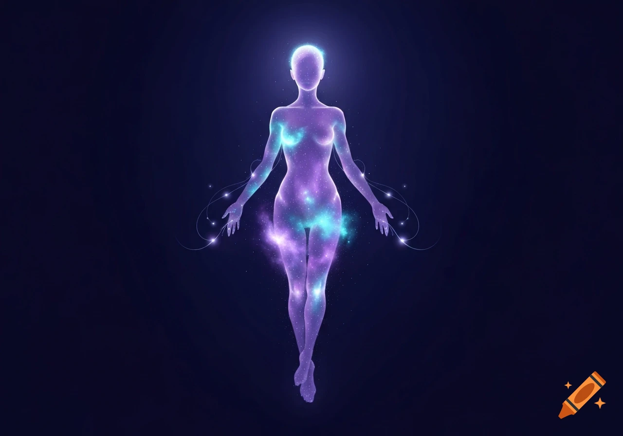 A glowing, ethereal female figure, filled with a purple and blue galaxy, stands against a dark cosmic background.