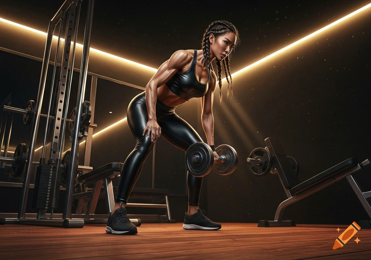Muscular Asian female fitness model with braided hair lifting a dumbbell in a modern gym. Photorealistic.