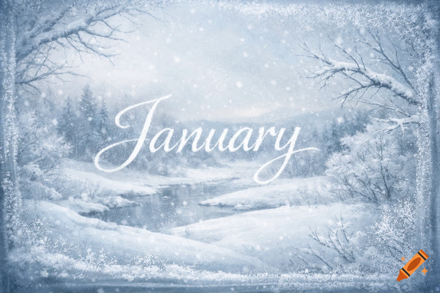 A serene winter landscape with snow-covered trees, a winding stream, and falling snow, featuring the word 'January' in elegant script.