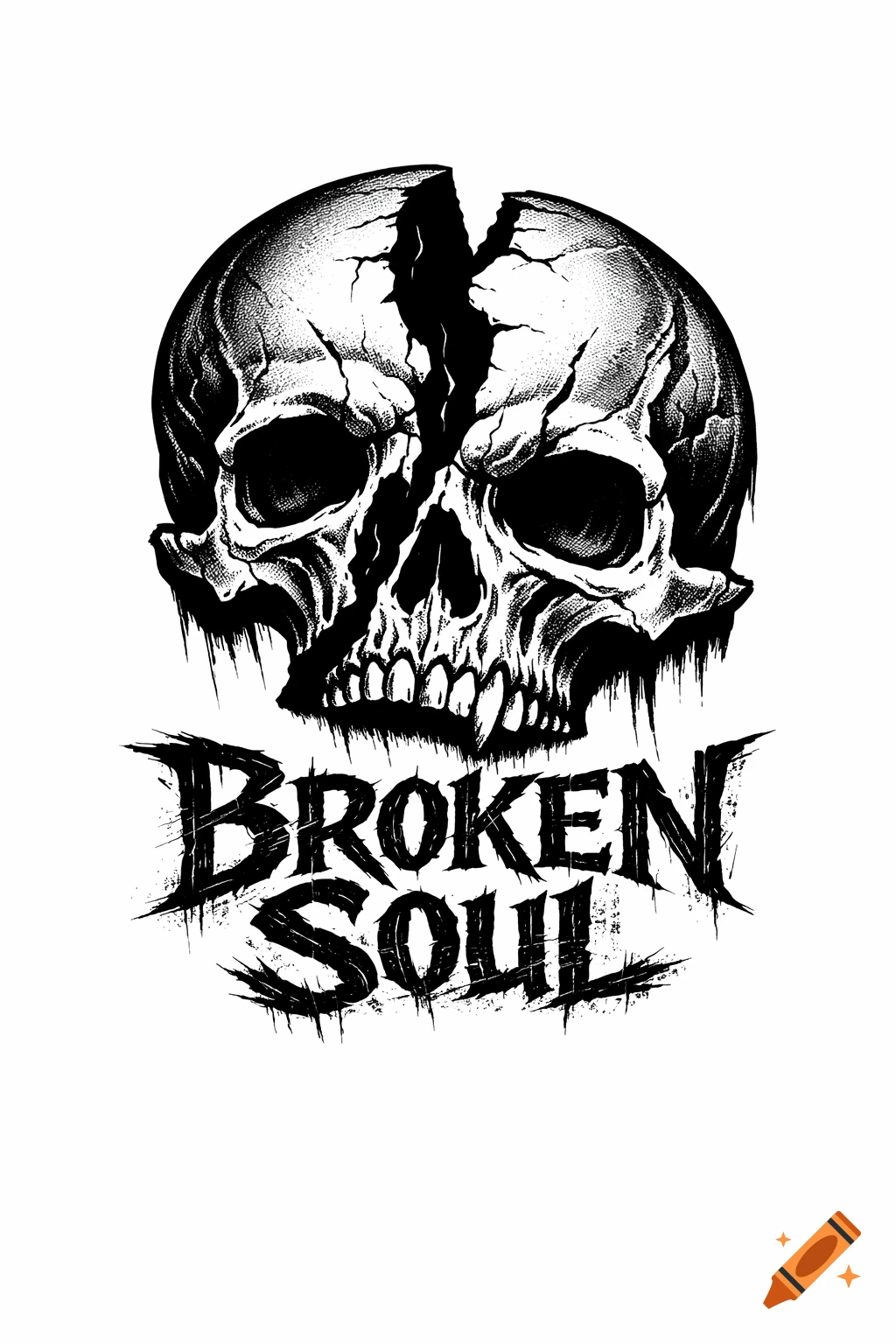 A black and white tattoo design featuring a cracked skull with the text 'BROKEN SOUL' below it, rendered in a grunge, etched style.