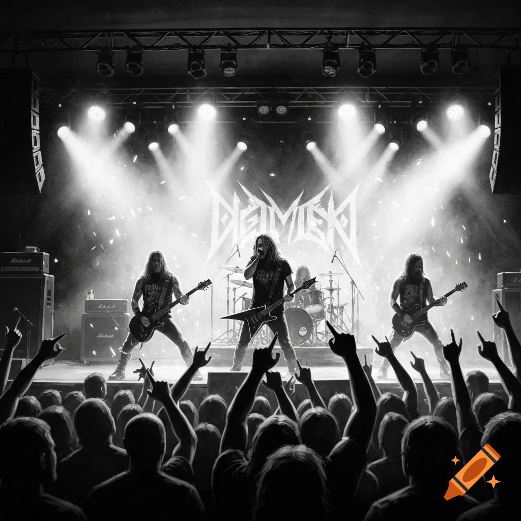 A black and white image of a metal band performing on stage under spotlights, with a crowd raising their hands in front.