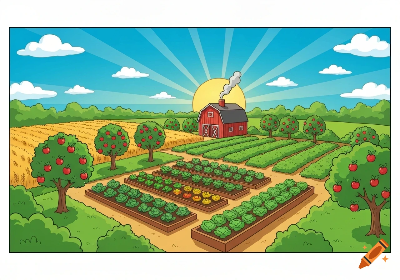Cartoon illustration of a vibrant farm with a red barn, fields of wheat, apple trees, and vegetable garden beds under a sunny sky.