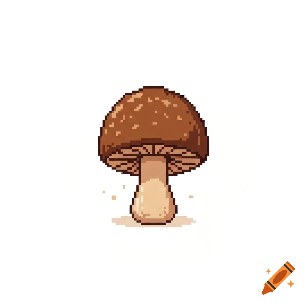 Pixel art of a brown mushroom on a white background.
