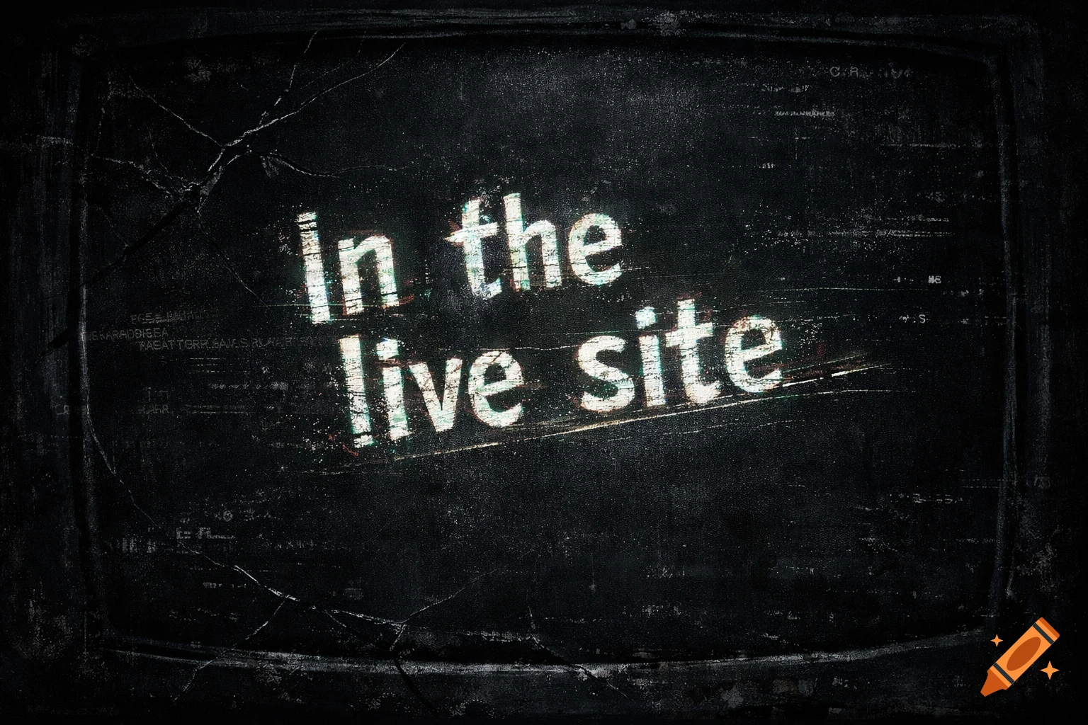 White, glitched text "In the live site" on a dark, cracked screen with static.