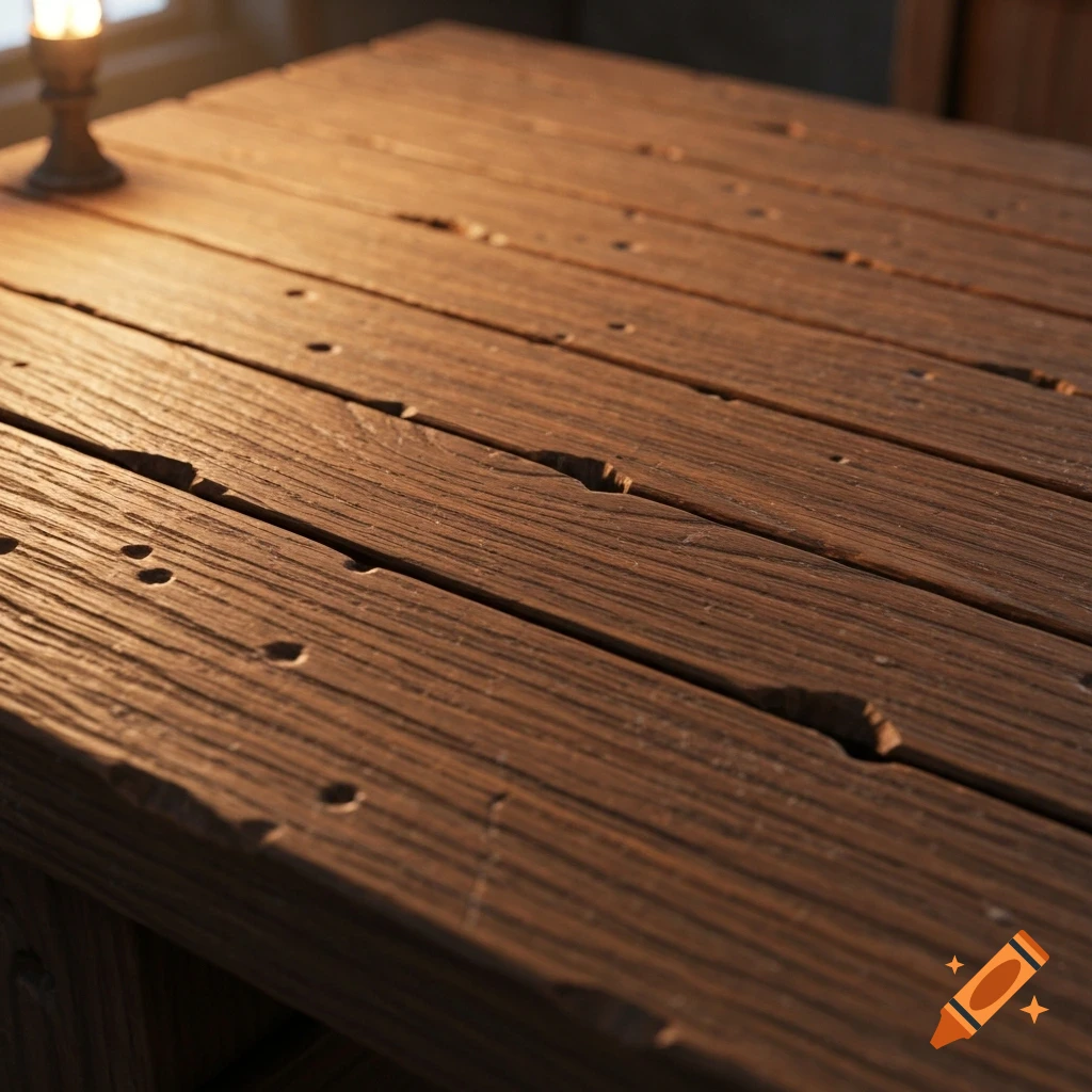 Close-up of a weathered wooden table texture with deep cracks and small holes, illuminated by warm light from the upper left.