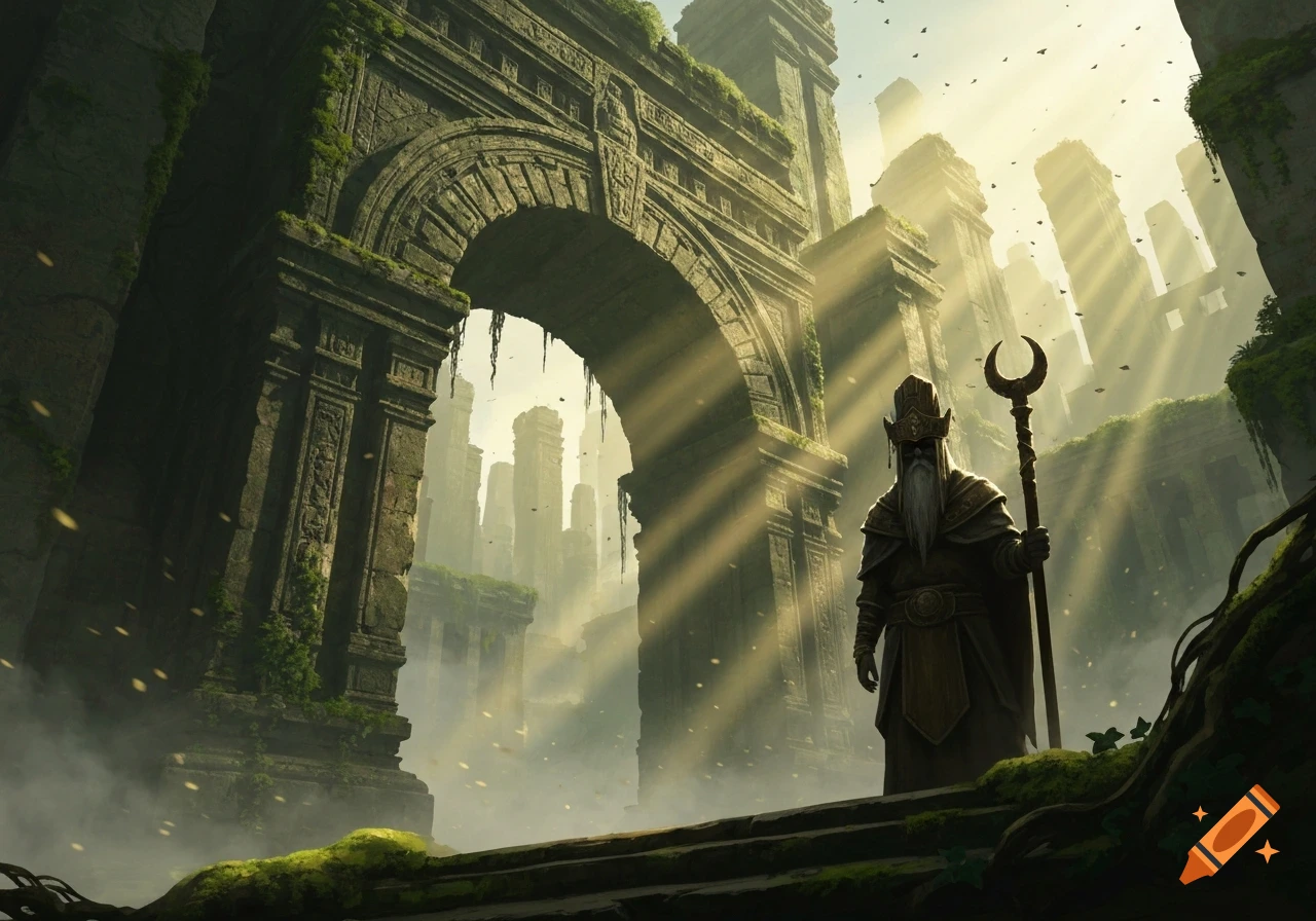 A robed, bearded figure with a crescent staff stands before a colossal, overgrown stone archway amidst ancient ruins with light rays.