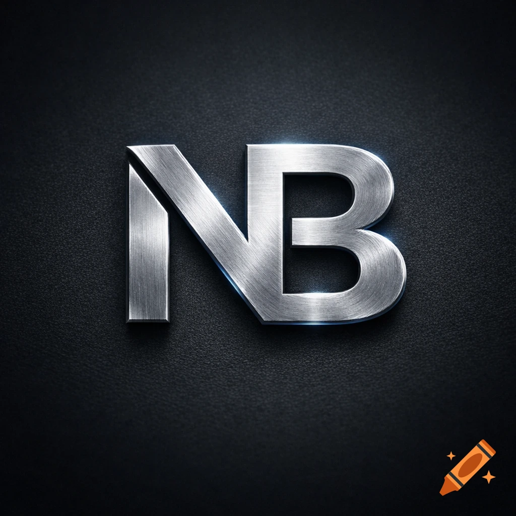 Shiny brushed metallic logo with the letters 'NB' on a dark textured background.